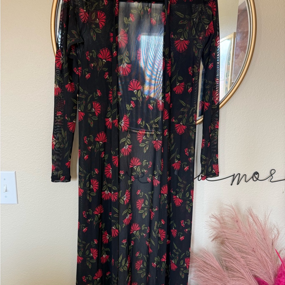 Forever 21 Sheer Black Kimono with Red Floral Pattern